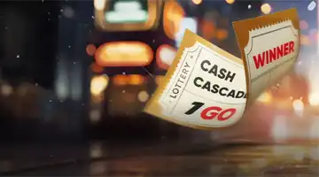 Лотерейный билет с надписью Cash Cascade и Winner от Куш Казино, подчеркнутый огнями большого города